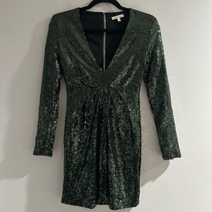 Charlotte Russe Sequin Mini Dress Womens XS Green Excellent Long Sleeve V-Neck